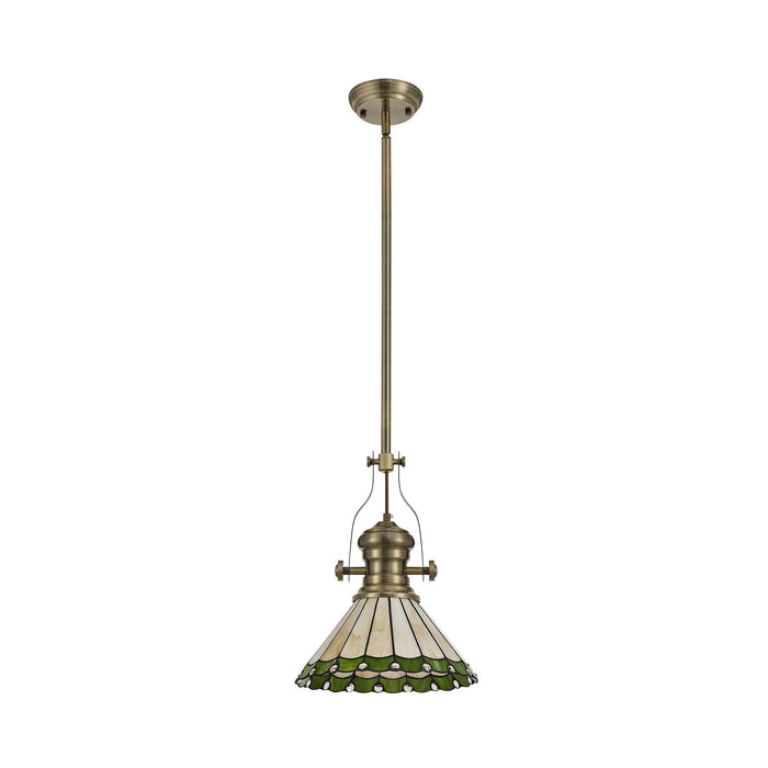 Nelson Lighting NLK04509 Louis/Umbrian 1 Light Telescopic Pendant With 30cm Tiffany Shade Antique Brass/Green/Chrome/Crystal