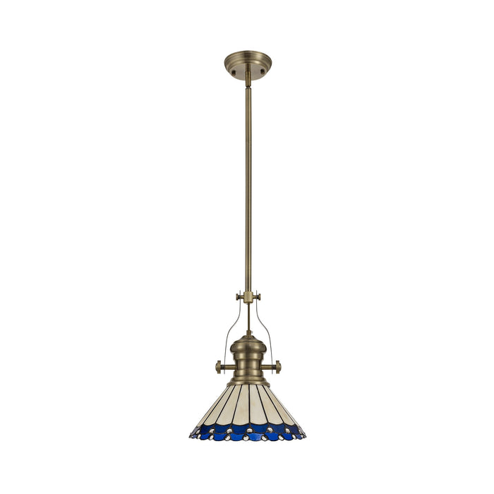 Nelson Lighting NLK04539 Louis/Umbrian 1 Light Telescopic Pendant With 30cm Tiffany Shade Antique Brass/Blue/Chrome/Crystal