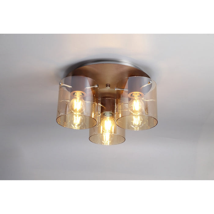 Nelson Lighting NL82659 Blade Round Ceiling Flush 3 Light Mocha/Amber Glass