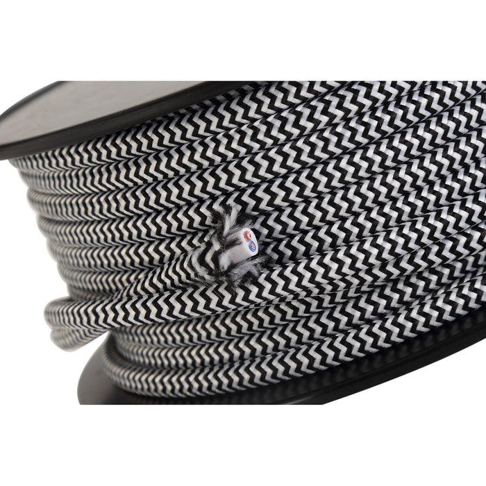 Nelson Lighting NL80859 Apollo 25m Roll Black & White Wave Stripes Braided 2 Core 0.75mm Cable VDE Approved