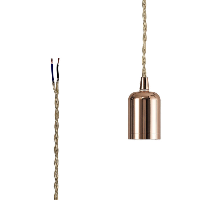 Nelson Lighting NL91439 Apollo E27 (Max 60W) Lampholder Rose Gold With 3m Rose Gold Braided Twisted Cable & Deeper Shade Ring