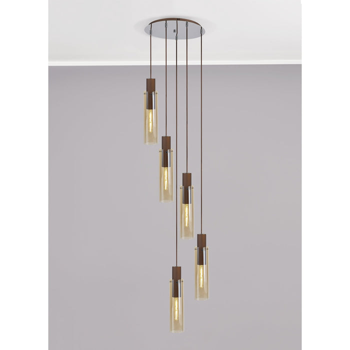 Nelson Lighting NL91669 Blade Slim 5 Light Round Pendant Mocha Polished Chrome