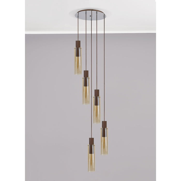 Nelson Lighting NL91669 Blade Slim 5 Light Round Pendant Mocha Polished Chrome