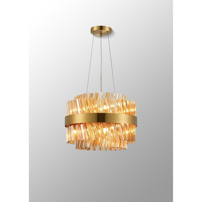 Nelson Lighting NL9498BR/AM9 Kaffer 10 Light Round Pendant Brass Amber