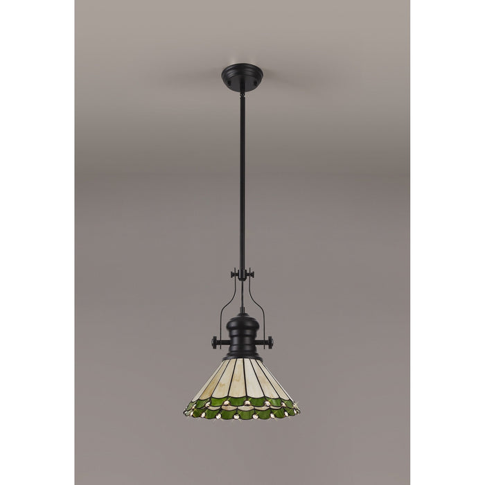 Nelson Lighting NLK15029 Louis, Umbrian 1 Light Pendant Matt Black Green/Cream