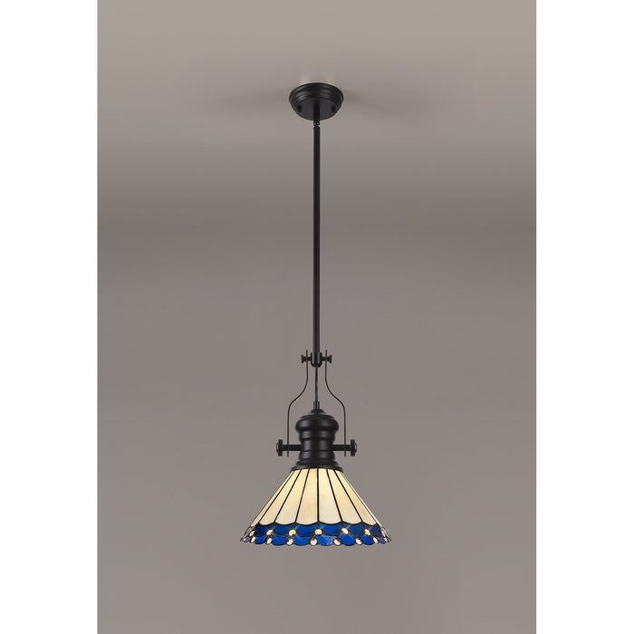 Nelson Lighting NLK15059 Louis, Umbrian 1 Light Pendant Matt Black Blue/Cream