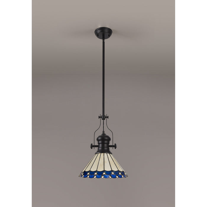 Nelson Lighting NLK15059 Louis, Umbrian 1 Light Pendant Matt Black Blue/Cream