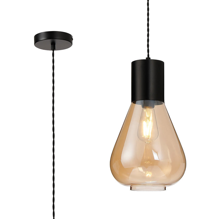 Nelson Lighting NLK09649 Olivia 1 Light Narrow Pendant Satin Black Amber