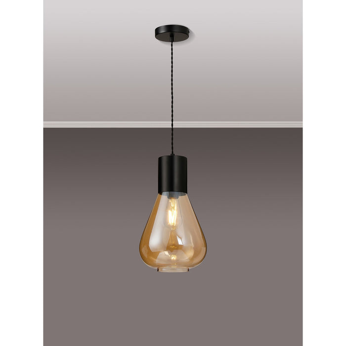 Nelson Lighting NLK09649 Olivia 1 Light Narrow Pendant Satin Black Amber