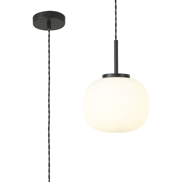 Nelson Lighting NL86399 Sabus Small Oval Ball Pendant 1 Light E27 Matt Black Suspension With Frosted White Glass Globe