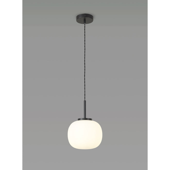 Nelson Lighting NL86399 Sabus Small Oval Ball Pendant 1 Light E27 Matt Black Suspension With Frosted White Glass Globe