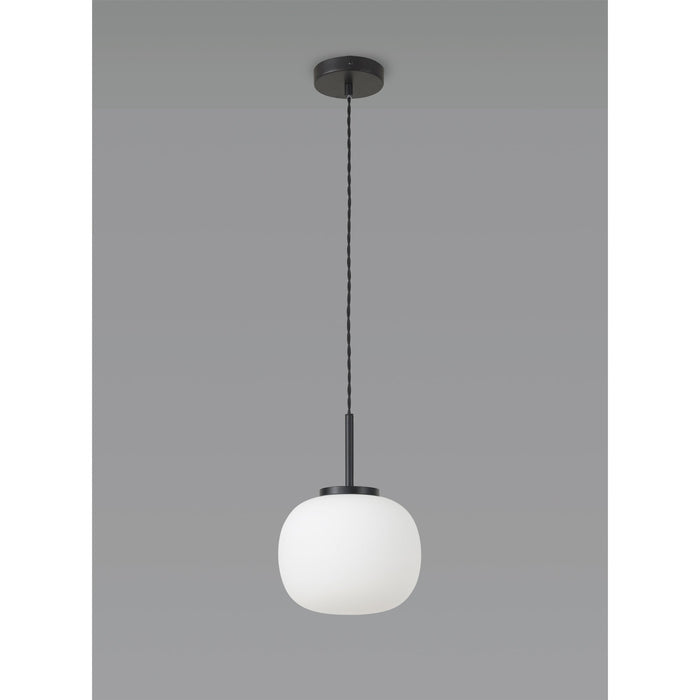 Nelson Lighting NL86399 Sabus Small Oval Ball Pendant 1 Light E27 Matt Black Suspension With Frosted White Glass Globe