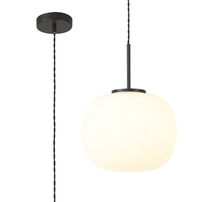 Nelson Lighting NL86409 Sabus Medium Oval Ball Pendant 1 Light E27 Matt Black Suspension With Frosted White Glass Globe