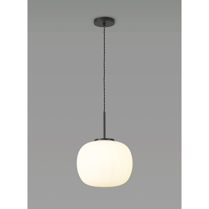 Nelson Lighting NL86409 Sabus Medium Oval Ball Pendant 1 Light E27 Matt Black Suspension With Frosted White Glass Globe