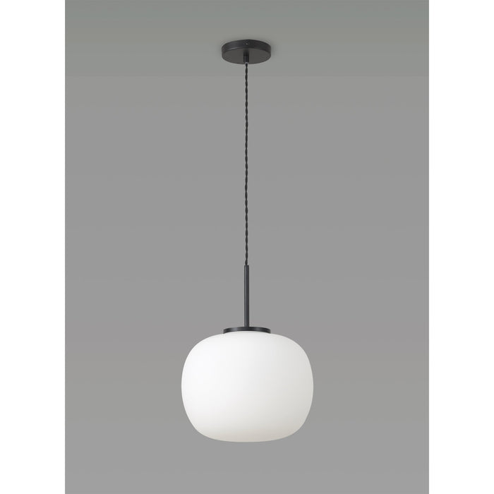 Nelson Lighting NL86409 Sabus Medium Oval Ball Pendant 1 Light E27 Matt Black Suspension With Frosted White Glass Globe