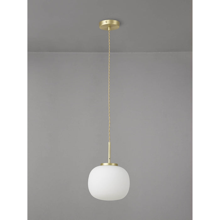 Nelson Lighting NL86489 Sabus Small Oval Ball Pendant 1 Light E27 Satin Gold Suspension With Frosted White Glass Globe