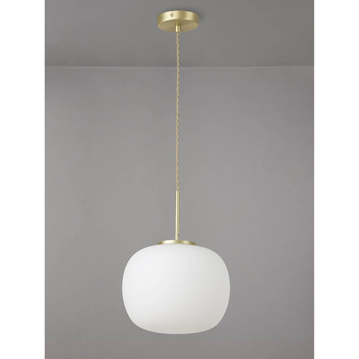 Nelson Lighting NL86499 Sabus Medium Oval Ball Pendant 1 Light E27 Satin Gold Suspension With Frosted White Glass Globe