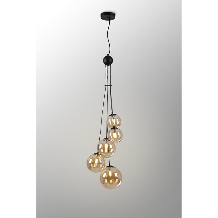 Nelson Lighting NL9042/AM9 Safady 5 Light Pendant Satin Black Amber Plated