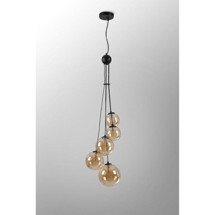 Nelson Lighting NL9042/AM9 Safady 5 Light Pendant Satin Black Amber Plated