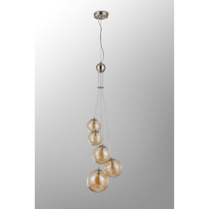 Nelson Lighting NL9060/AM9 Safady 5 Light Pendant Satin Nickel Amber Plated