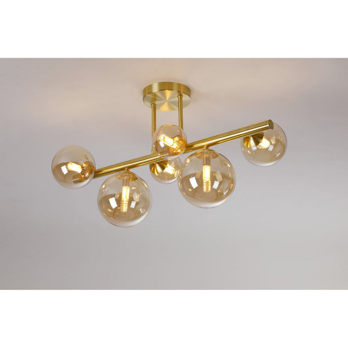 Nelson Lighting NL9323/AM9 Safady 6 Light Ceiling Light Satin Gold Amber Plated