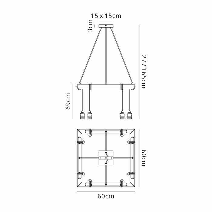 Nelson Lighting NL73309 Tuba 8 Light Square Pendant Medium Oak Antique Brass