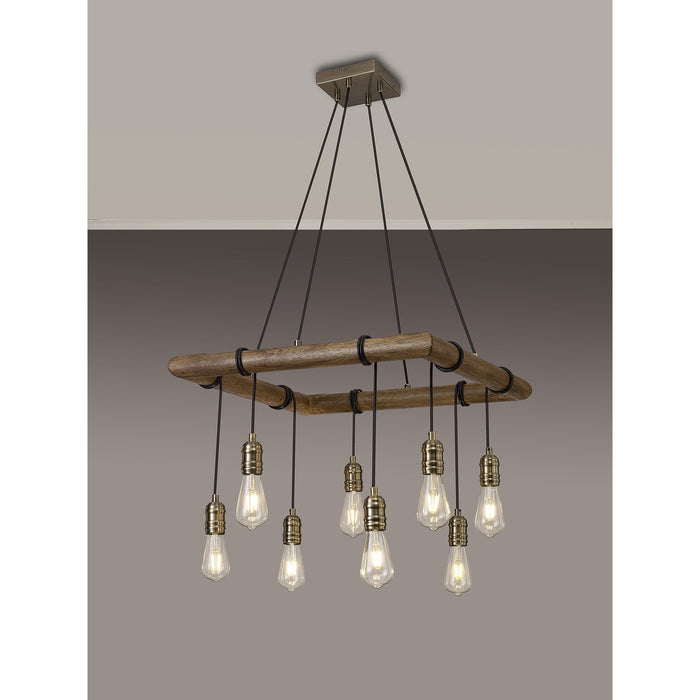 Nelson Lighting NL73309 Tuba 8 Light Square Pendant Medium Oak Antique Brass