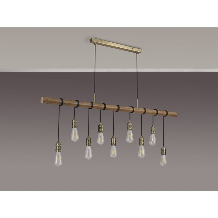 Nelson Lighting NL83559 Tuba 9 Light Pendant Medium Oak Antique Brass