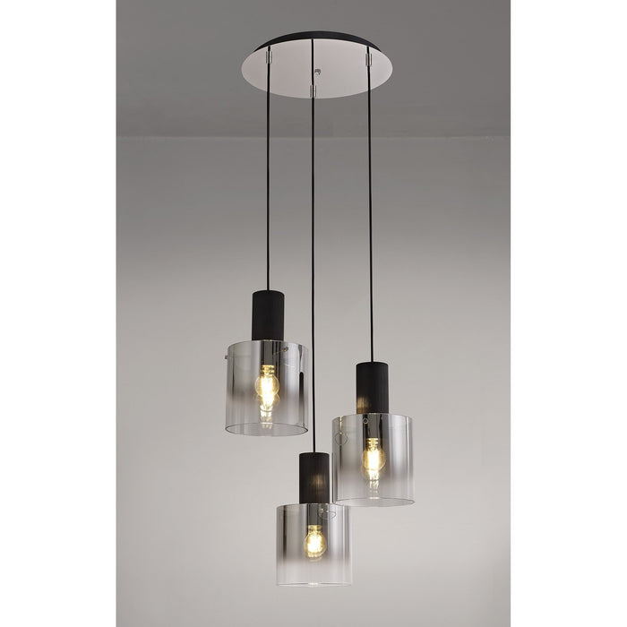 Nelson Lighting NL75919 Blade Round Pendant 3 Light Adjustable Black/Smoke Fade Glass