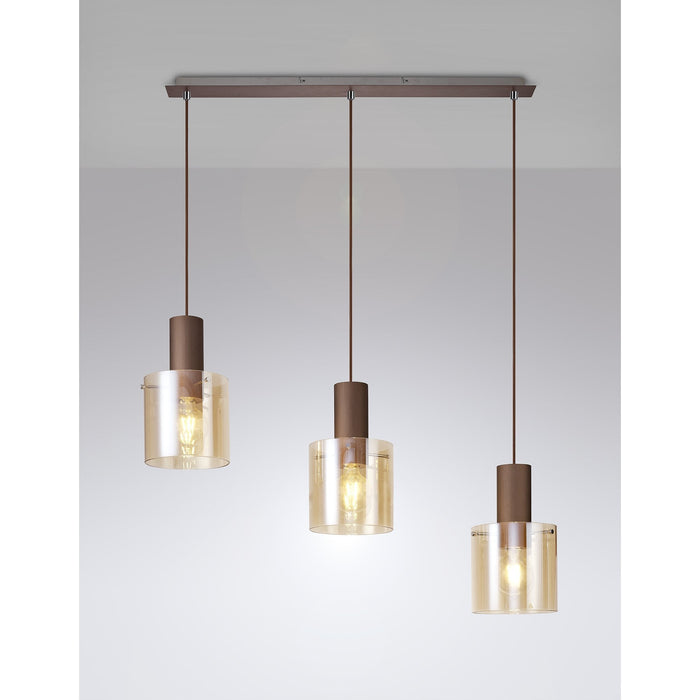 Nelson Lighting NL82629 Blade 3 Light Linear Pendant Adjustable Mocha/Amber Glass