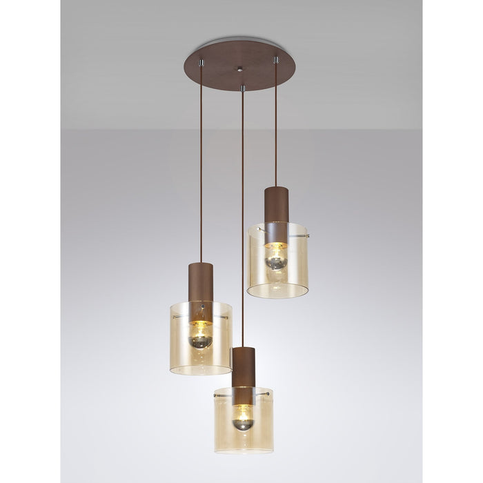 Nelson Lighting NL82639 Blade Round Pendant 3 Light Adjustable Mocha/Amber Glass