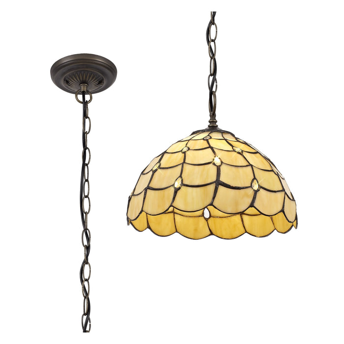 Nelson Lighting NLK00379 Chrisy 1 Light Down Lighter Pendant With 30cm Tiffany Shade Beige/Clear Crystal/Aged Antique Brass