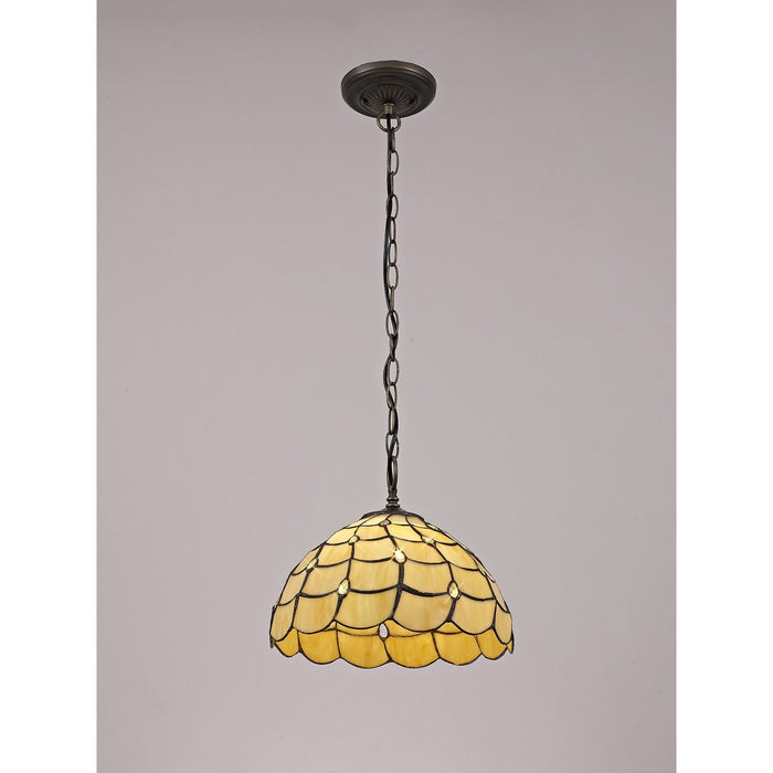 Nelson Lighting NLK00379 Chrisy 1 Light Down Lighter Pendant With 30cm Tiffany Shade Beige/Clear Crystal/Aged Antique Brass