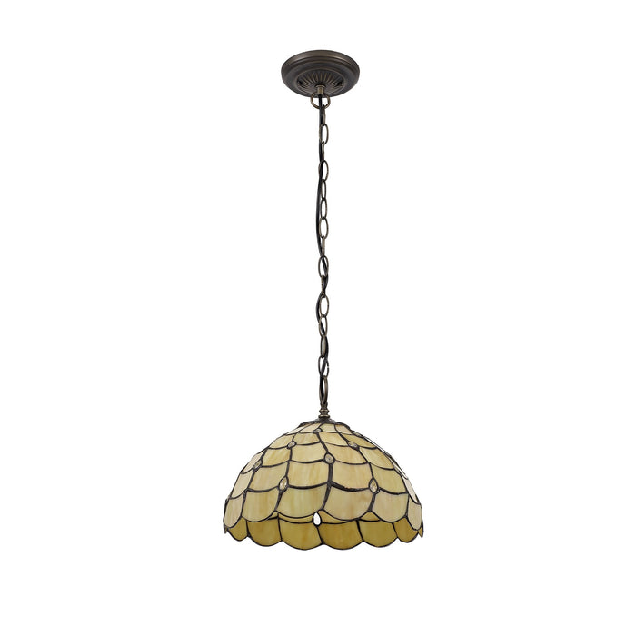 Nelson Lighting NLK00379 Chrisy 1 Light Down Lighter Pendant With 30cm Tiffany Shade Beige/Clear Crystal/Aged Antique Brass