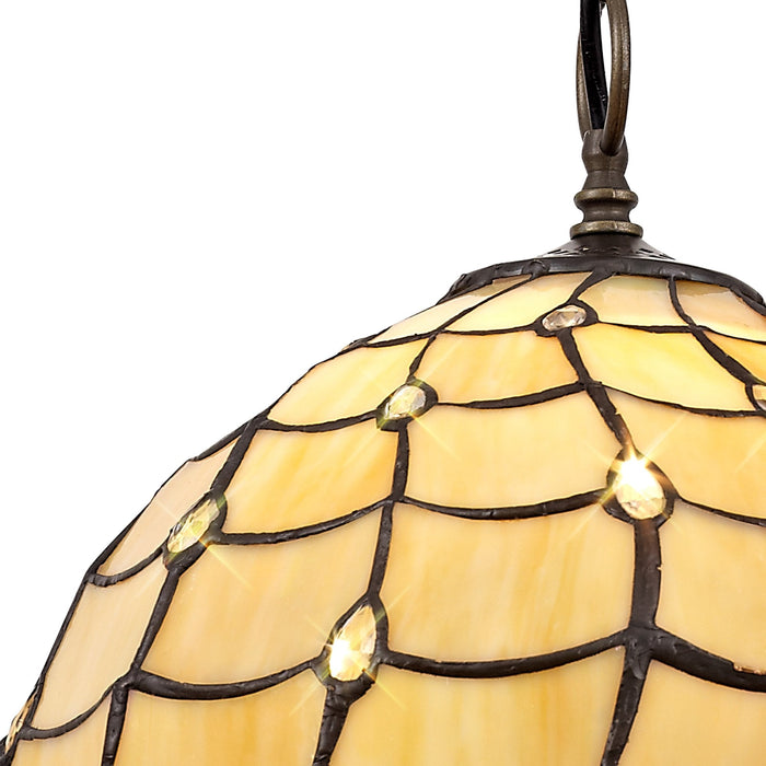 Nelson Lighting NLK00379 Chrisy 1 Light Down Lighter Pendant With 30cm Tiffany Shade Beige/Clear Crystal/Aged Antique Brass