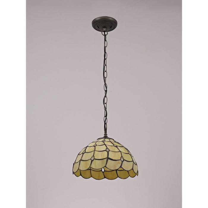 Nelson Lighting NLK00379 Chrisy 1 Light Down Lighter Pendant With 30cm Tiffany Shade Beige/Clear Crystal/Aged Antique Brass