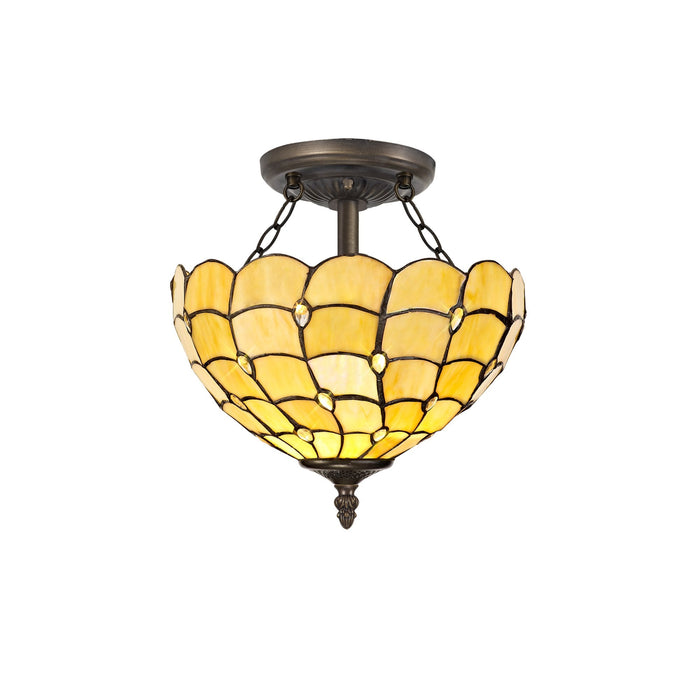 Nelson Lighting NLK00409 Chrisy 2 Light Semi Ceiling With 30cm Tiffany Shade Beige/Clear Crystal/Aged Antique Brass