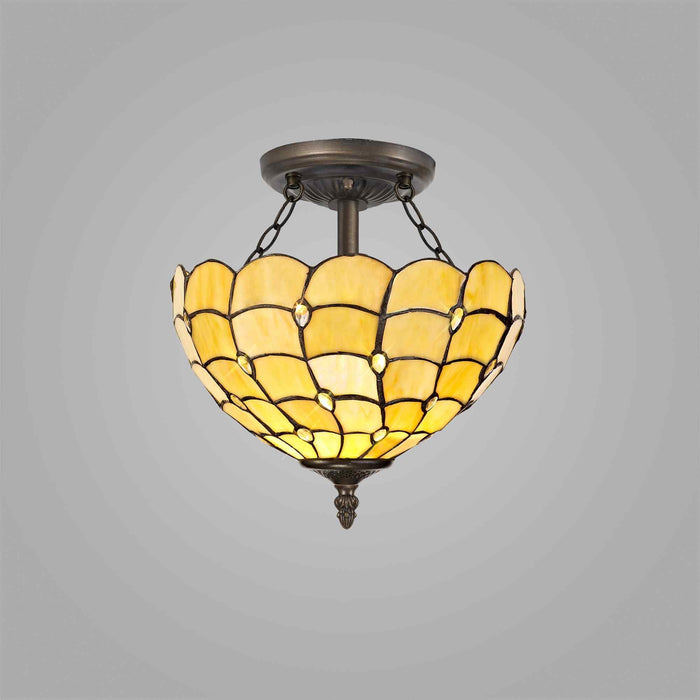 Nelson Lighting NLK00409 Chrisy 2 Light Semi Ceiling With 30cm Tiffany Shade Beige/Clear Crystal/Aged Antique Brass