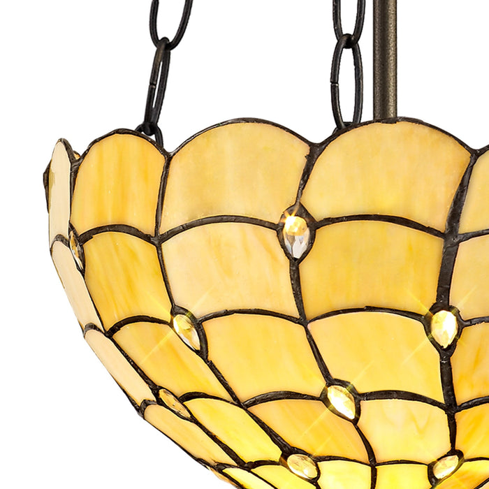 Nelson Lighting NLK00429 Chrisy 2 Light Up Lighter Pendant With 30cm Tiffany Shade Beige/Clear Crystal/Aged Antique Brass