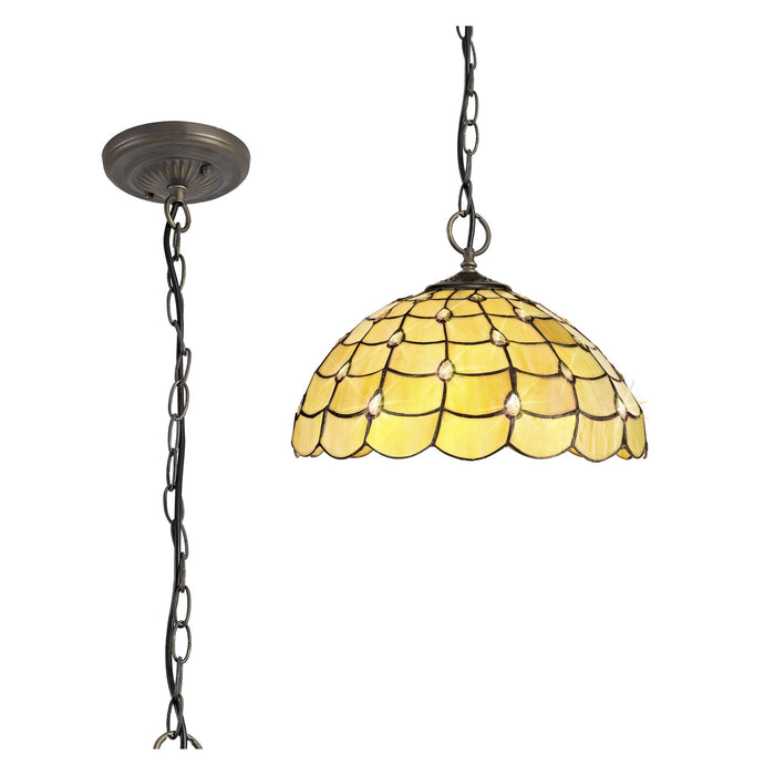 Nelson Lighting NLK00499 Chrisy 3 Light Down Lighter Pendant With 40cm Tiffany Shade Beige/Clear Crystal/Aged Antique Brass