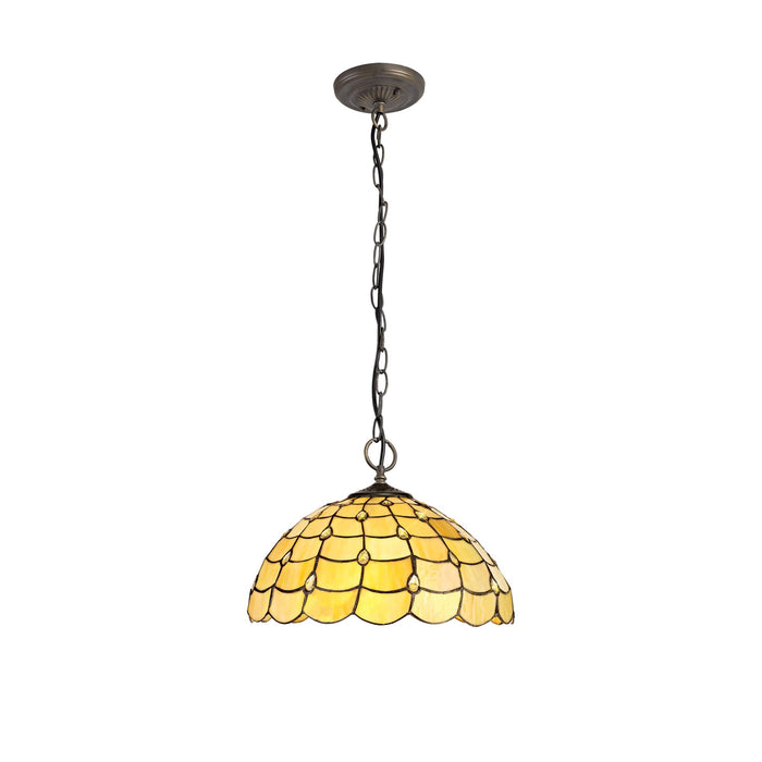 Nelson Lighting NLK00499 Chrisy 3 Light Down Lighter Pendant With 40cm Tiffany Shade Beige/Clear Crystal/Aged Antique Brass