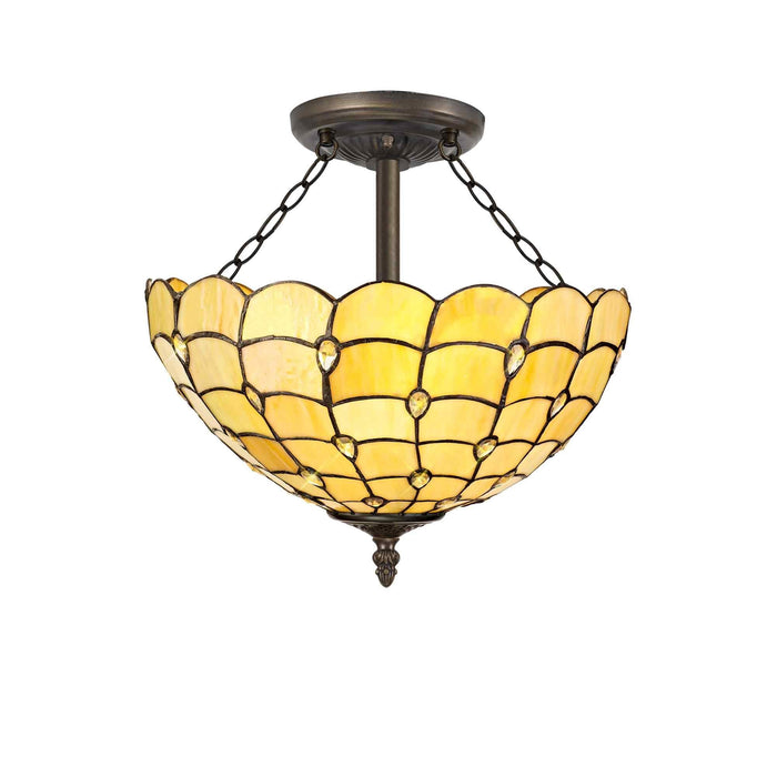 Nelson Lighting NLK00509 Chrisy 3 Light Semi Ceiling With 40cm Tiffany Shade Beige/Clear Crystal/Aged Antique Brass