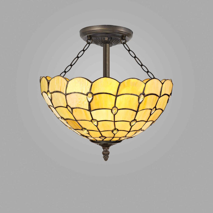 Nelson Lighting NLK00509 Chrisy 3 Light Semi Ceiling With 40cm Tiffany Shade Beige/Clear Crystal/Aged Antique Brass