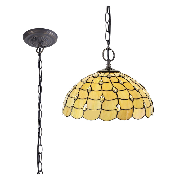 Nelson Lighting NLK00579 Chrisy 2 Light Down Lighter Pendant With 50cm Tiffany Shade Beige/Clear Crystal/Aged Antique Brass