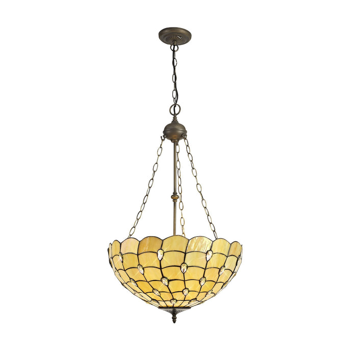 Nelson Lighting NLK00599 Chrisy 3 Light Up Lighter Pendant With 50cm Tiffany Shade Beige/Clear Crystal/Aged Antique Brass