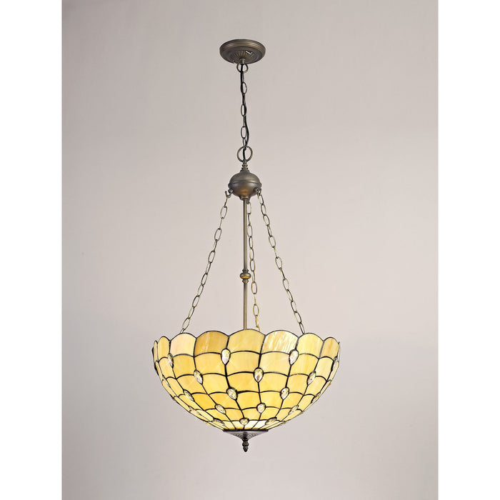 Nelson Lighting NLK00599 Chrisy 3 Light Up Lighter Pendant With 50cm Tiffany Shade Beige/Clear Crystal/Aged Antique Brass