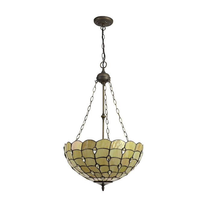 Nelson Lighting NLK00599 Chrisy 3 Light Up Lighter Pendant With 50cm Tiffany Shade Beige/Clear Crystal/Aged Antique Brass