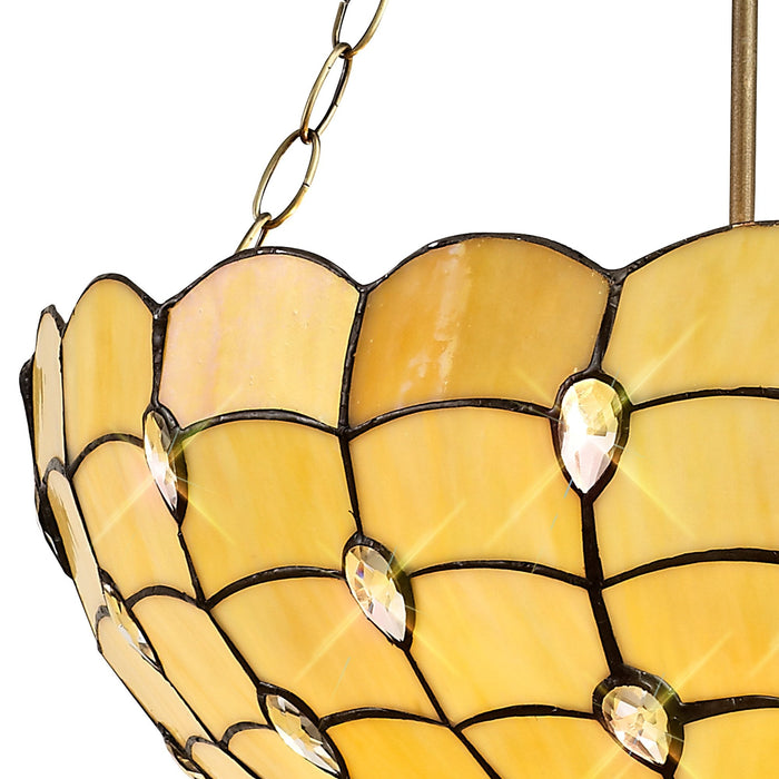 Nelson Lighting NLK00599 Chrisy 3 Light Up Lighter Pendant With 50cm Tiffany Shade Beige/Clear Crystal/Aged Antique Brass