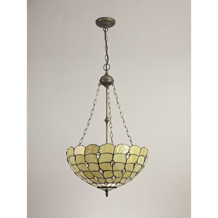 Nelson Lighting NLK00599 Chrisy 3 Light Up Lighter Pendant With 50cm Tiffany Shade Beige/Clear Crystal/Aged Antique Brass