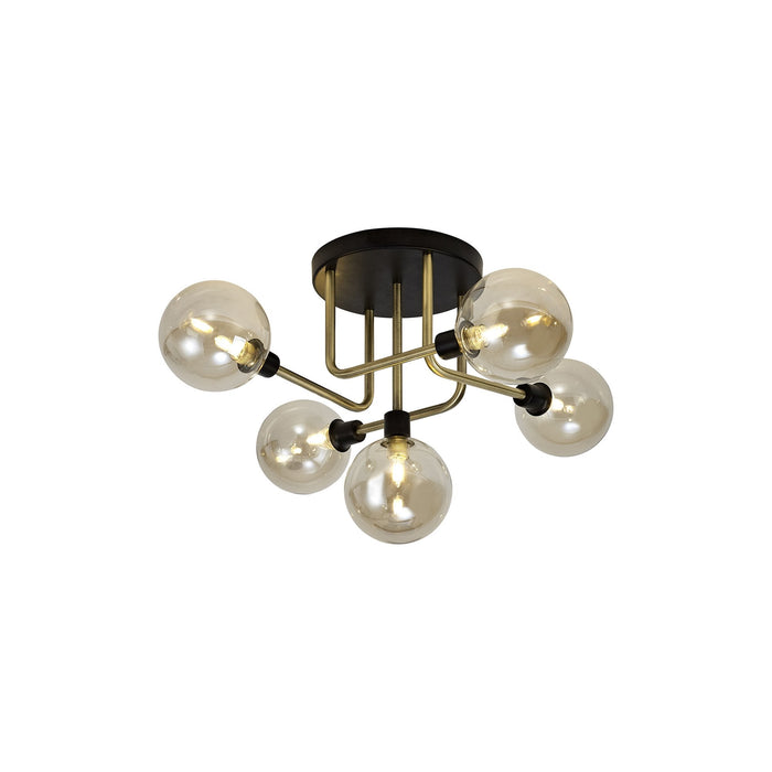 Nelson Lighting NL77309 Dylon Flush Ceiling 5 Light Matt Black/Antique Brass/Cognac Glass